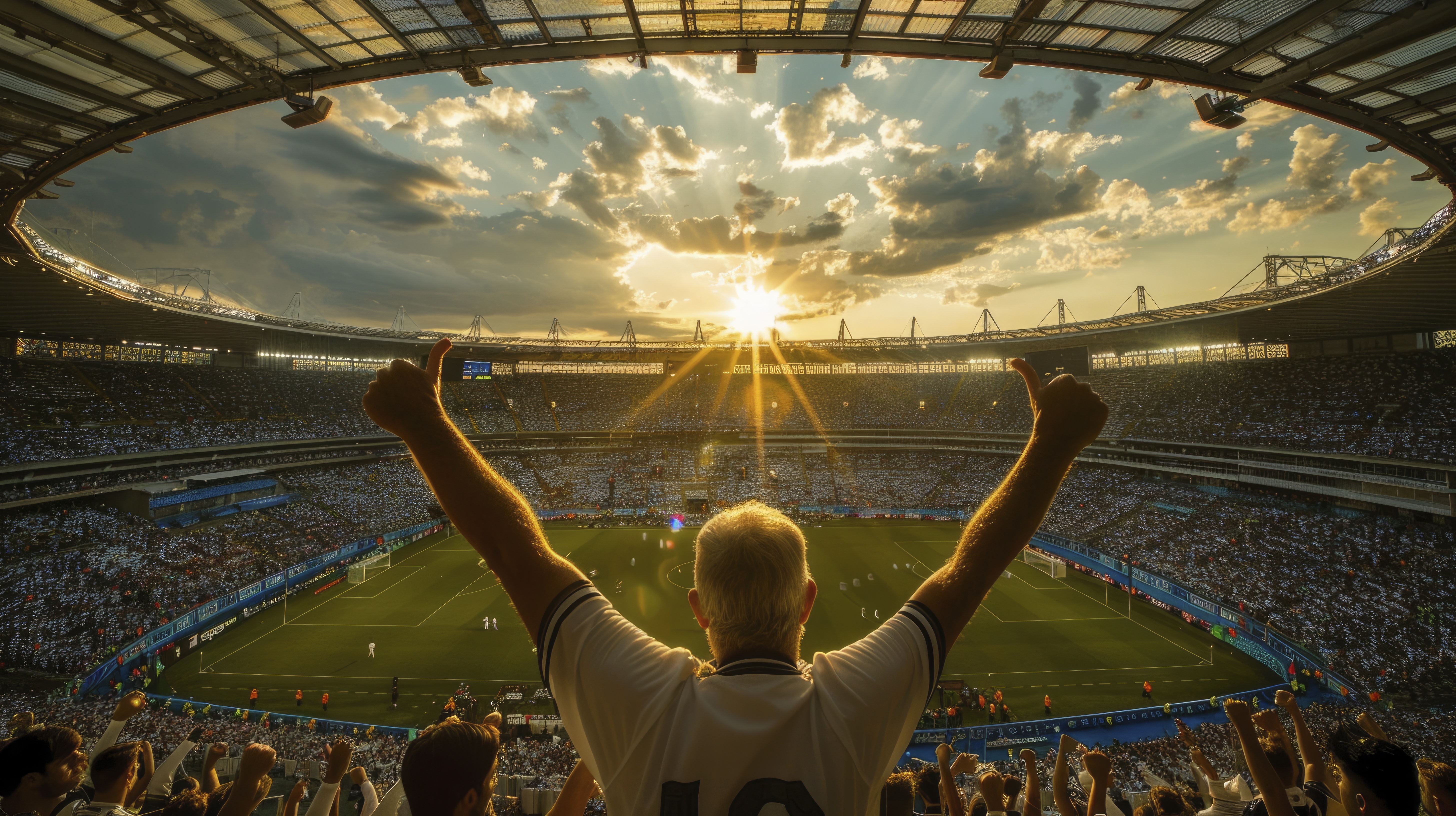 Imagem  de um estádio de futebol, vista da arquibancada, com um torcedor de costas com os braços levantados e o campo ao fundo 